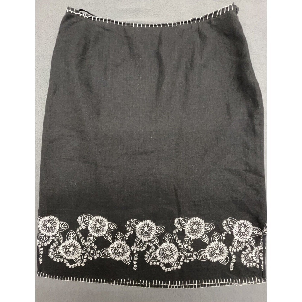 Richard Malcolm Linen Skirt 12 Black Embroider Lined Career Office Casual Preppy